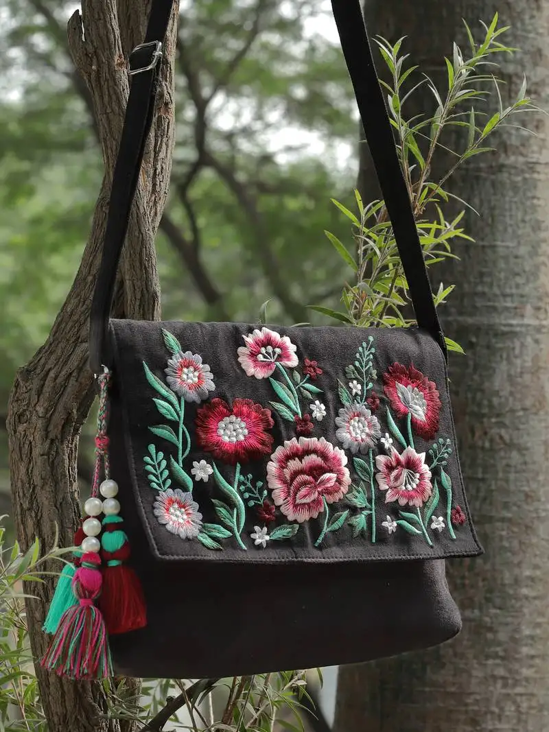 Lush balck & multi floral embroidered suede sling bag