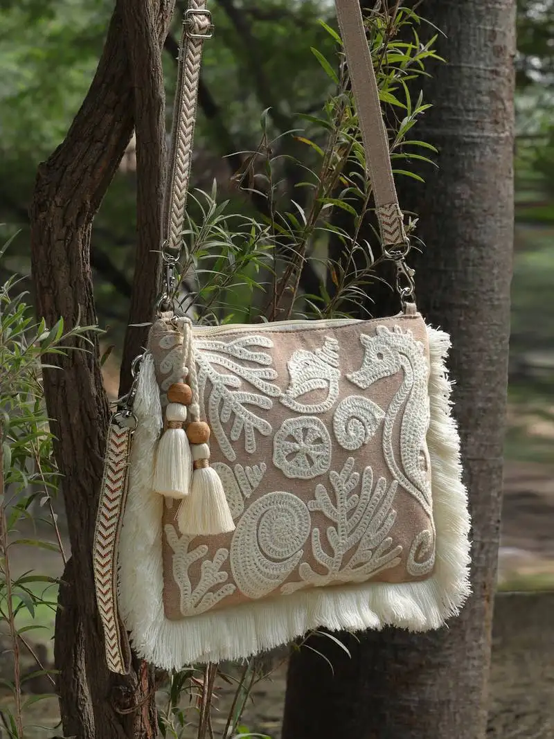 Kooky beige & white boho quirky embroidered cotton sling bag