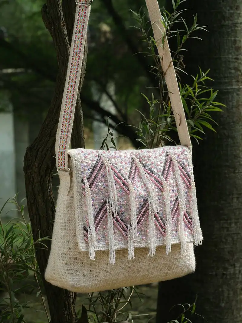 Kooky ntural & pink boho chevron embellished handloom cotton canvas sling bag