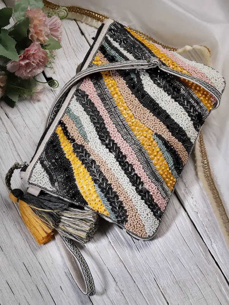 Jungle black & multi boho animal embellished handloom cotton canvas sling bag