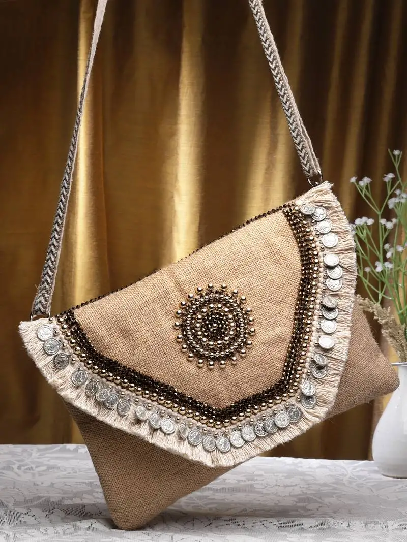 Sisal baked beige & copper embellished jute sling bag