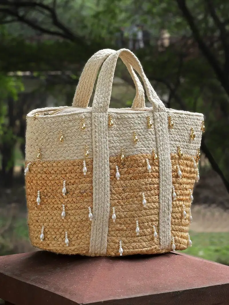 Sisal baked beige & white colourblocked & embellished jute handheld bag