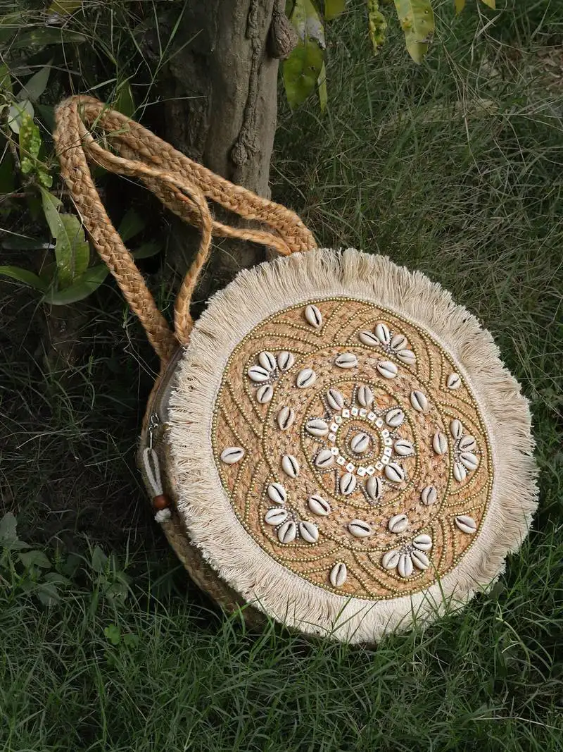 Sisal baked beige & white mandala embellished jute tote bag