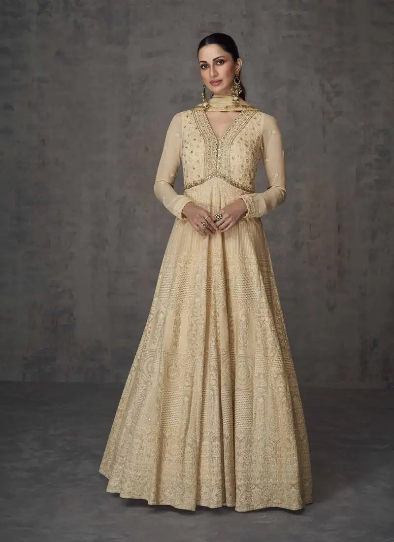 Beige embroidered georgette stitched gown free size full stitched up to 42" size