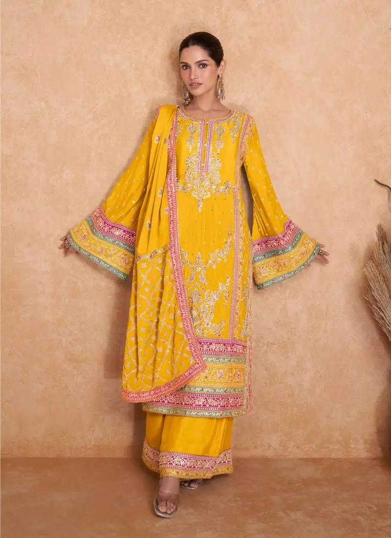 Yellow embroidered chinnon free size stitched straight suit (size upto 42) free size full stitched up to 42" size