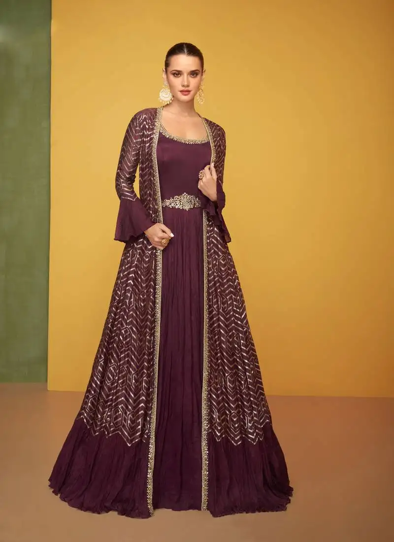 Wine embroidered chinnon free size stitched anarkali suit (size upto 42) free size full stitched up to 42" size