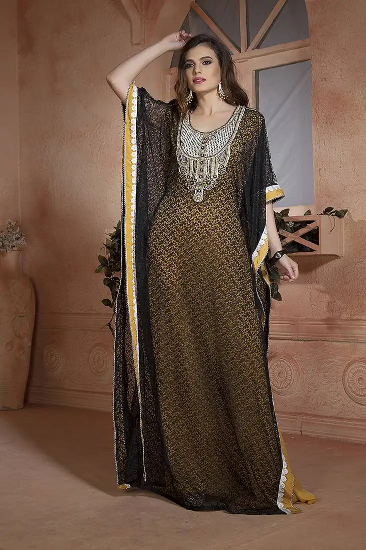 Yellow and black net brasso handmade design farasha evening party dresses kaftan