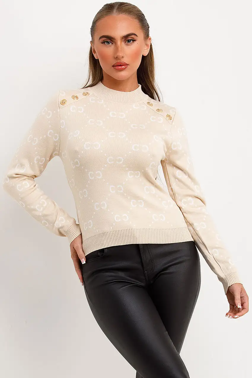 Knitted Jumper With Gold Button CC Print Beige