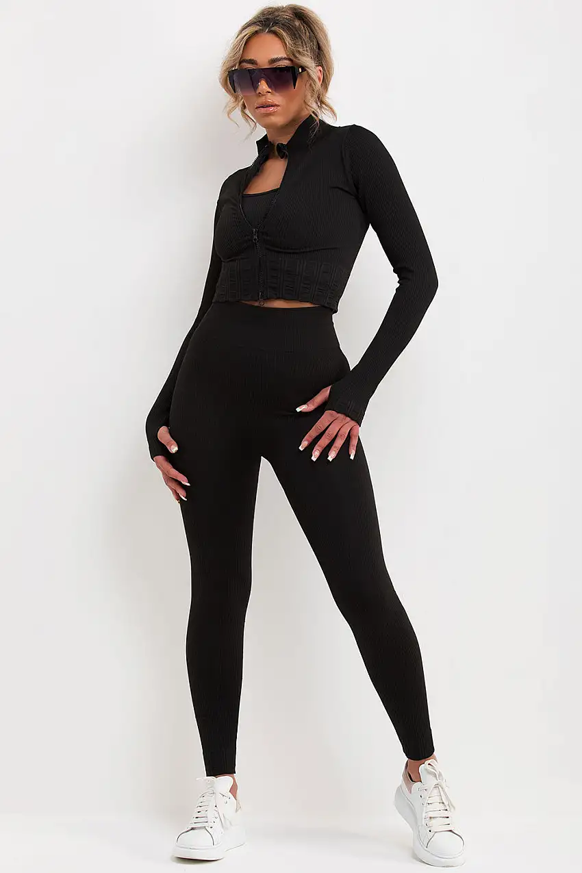 3 Piece Gym Set Ribbed Co Ord Black