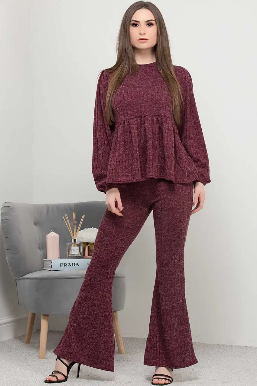 Ribbed Peplum Top And Wide Leg Loungewear Co Ord Set Wine