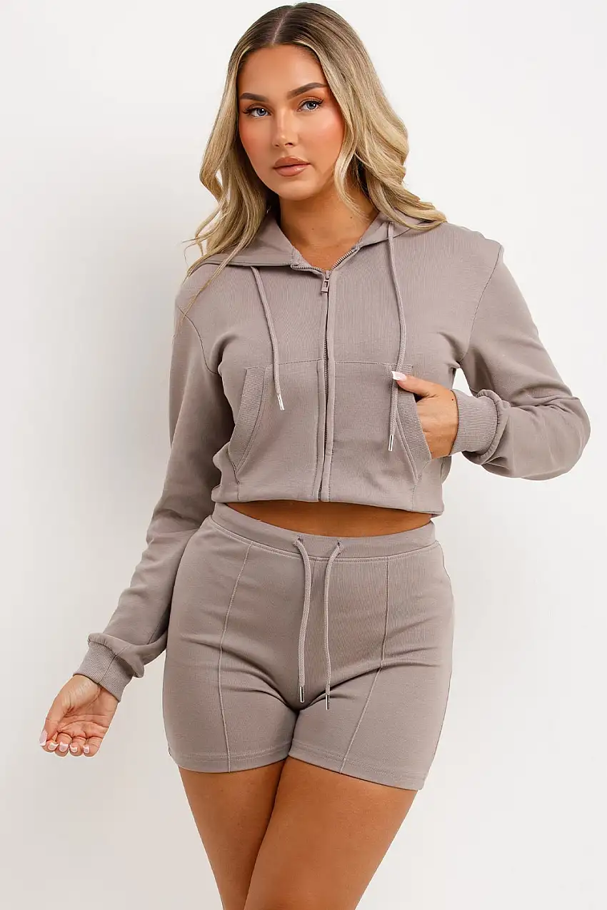 Crop Sweatshirt Hoodie And Short Tracksuit Set Dove Grey